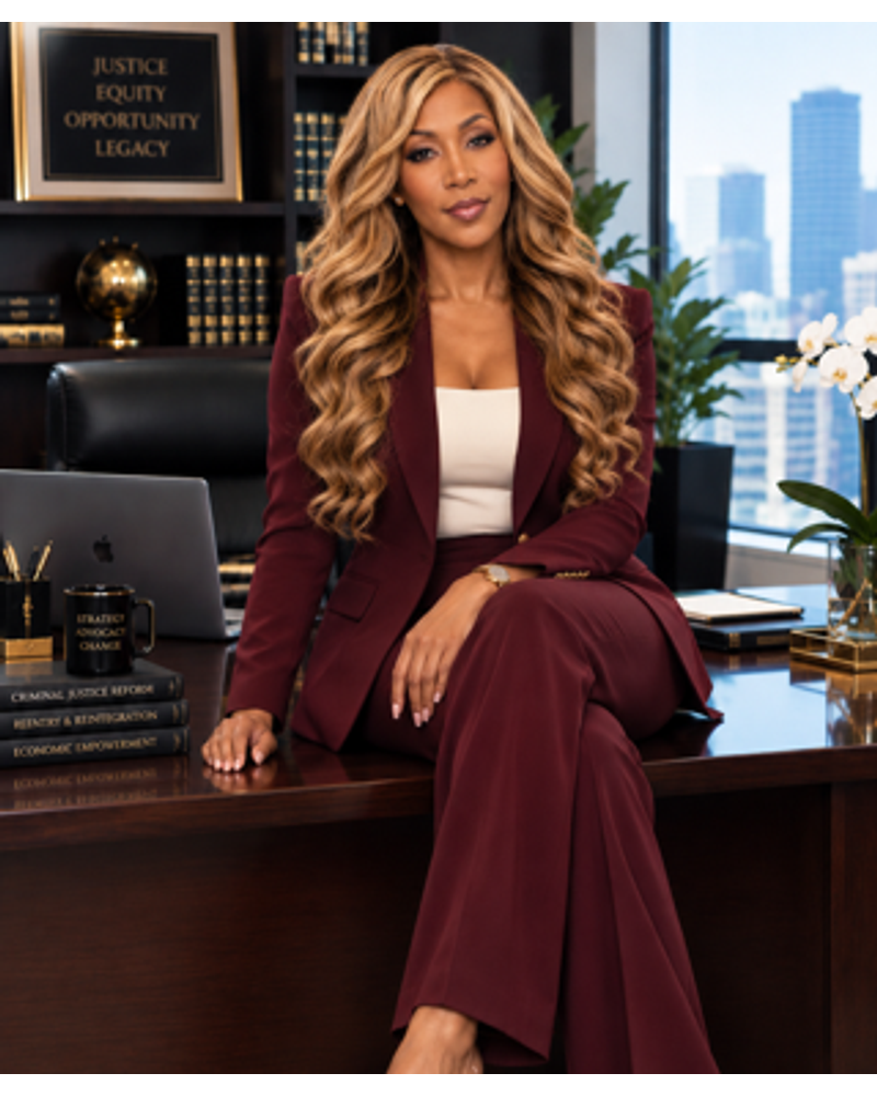 Tamar Lee seated on the edge of her desk beneath framed art reading Justice, Equity, Opportunity, Legacy