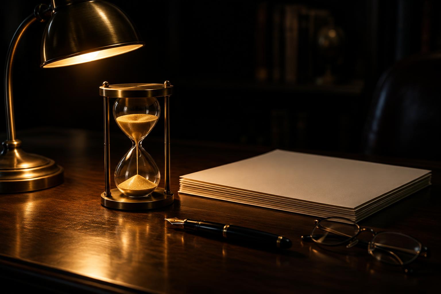 A brass hourglass beside a stack of papers and reading glasses under a warm desk lamp