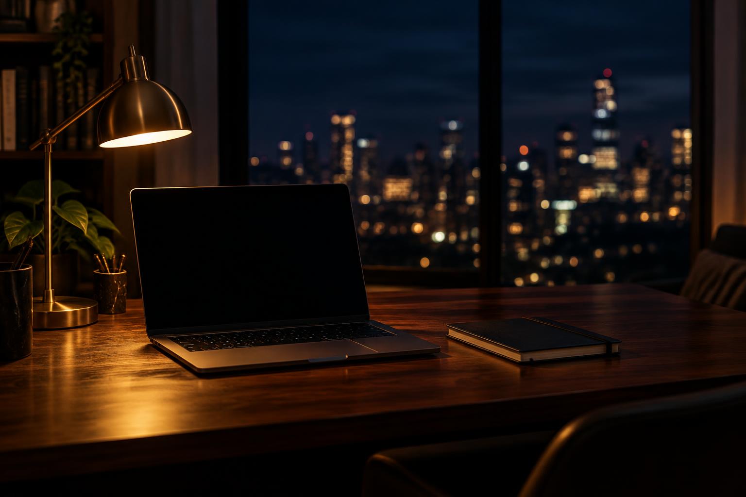 A quiet desk at night with a laptop and lamp, city lights beyond the window