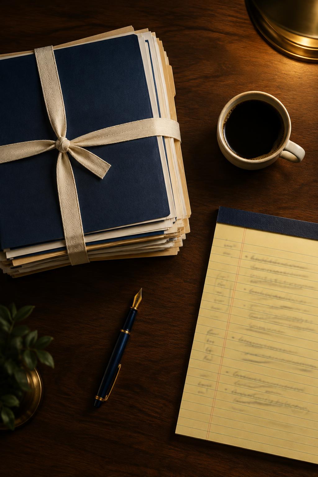 A desk with a tied stack of case briefs, a legal pad and a cup of coffee